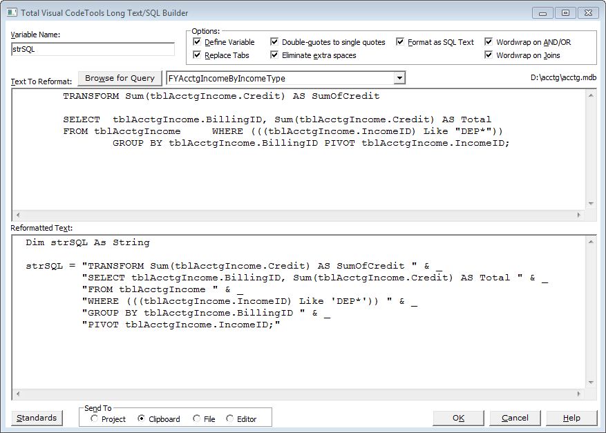 Long Text SQL Builder in Total Visual CodeTools for VB6 and VBA/Office