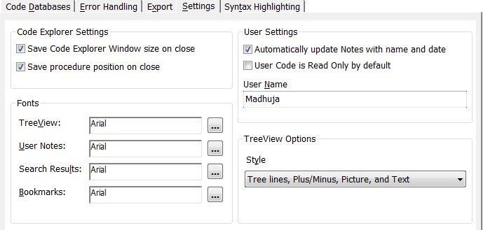 Settings for the Code Browser