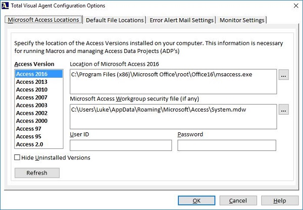 Microsoft Access Versions Set in Total Visual Agent Options