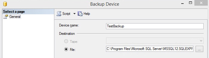 SQL Server Express Backup Device Dialog