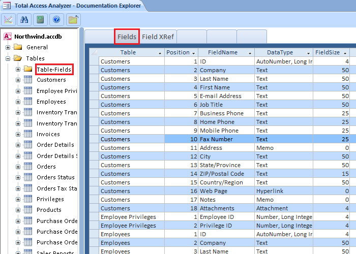 Microsoft Access Documentation of All Tables and Fields in Total Access Analyzer's Documentation Explorer