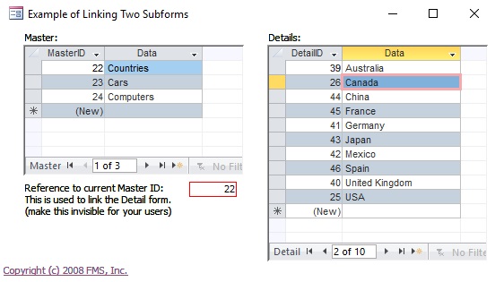 Simple linked subform