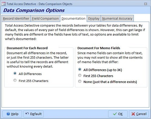 When modified records are found, specify how much of the field differences are shown