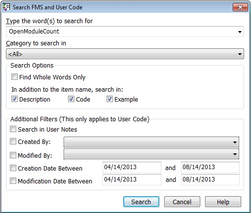 Search form to find code in the module library