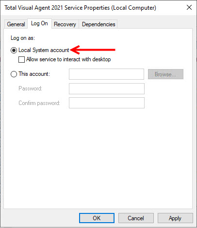Total Visual Agent Service, Local Log On Properties